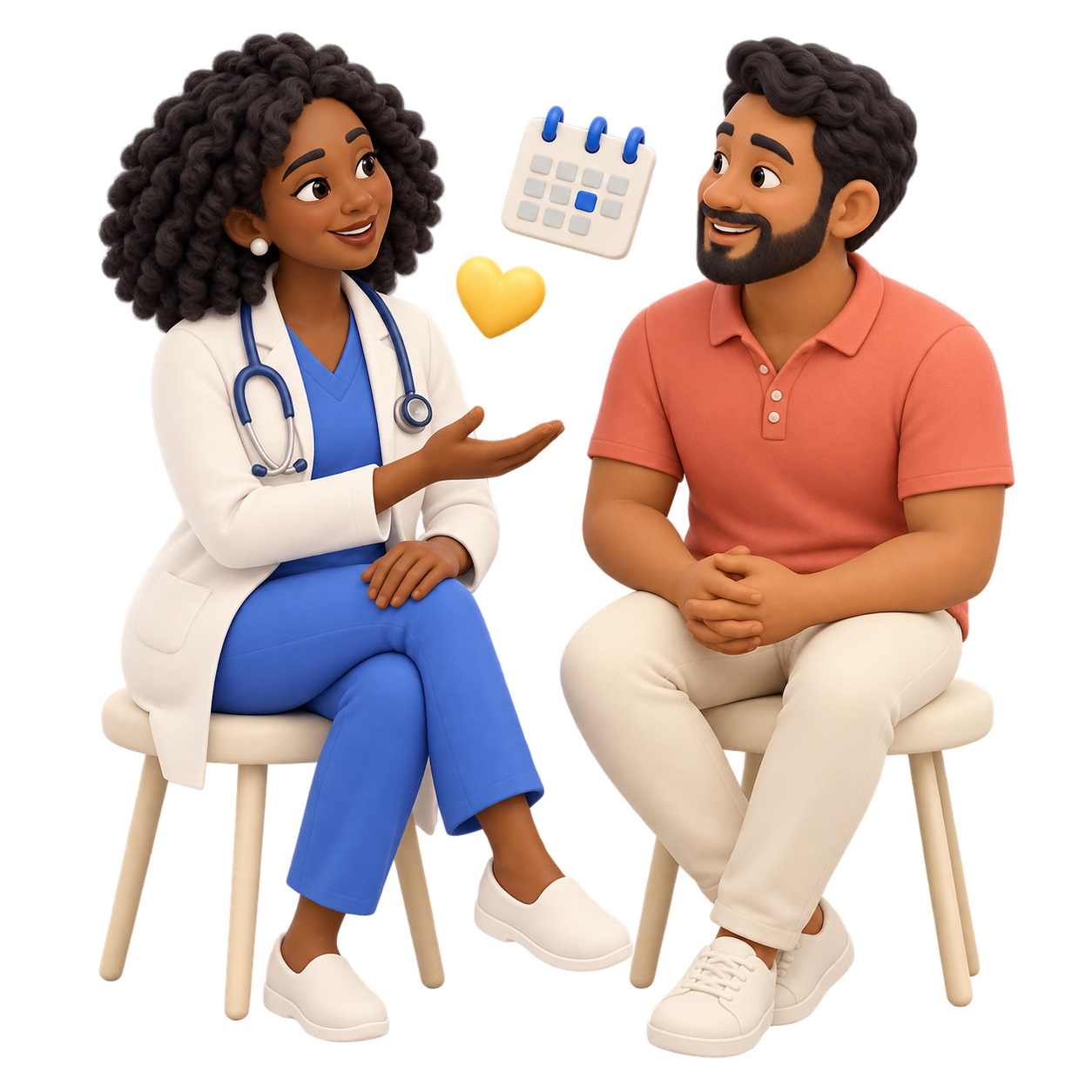 Ilustração de uma médica conversando com um paciente